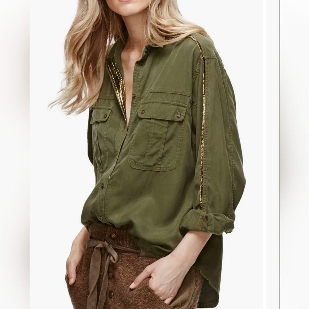 Free People Off Campus Olive Green Shirt with Shine Detail Size Medium